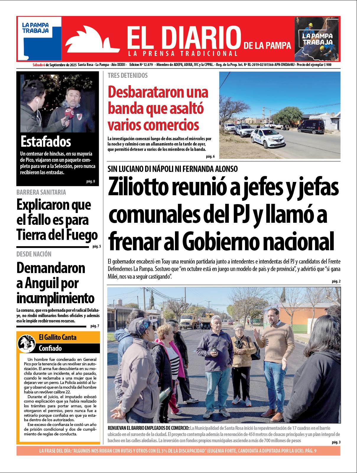 Tapa de El Diario en papel  saacutebado 06 de septiembre de 2025